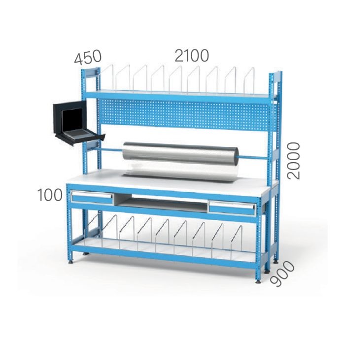 3413 – 1+1 HAFİF SERİ ÇEKMECELİ LCD EKRAN APARATLI, KOLİ İÇİN METAL BÖLMELİ, VE AMBALAJ RULOLU AMBALAJ MASASI