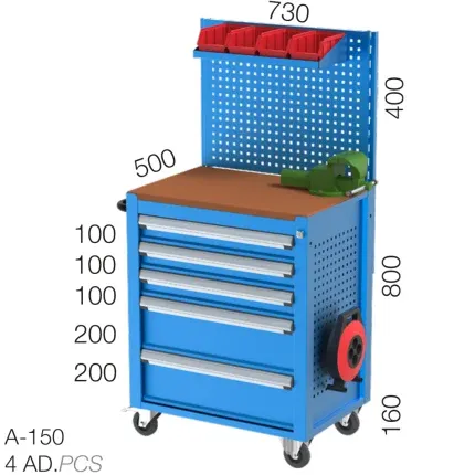 8595 – TOOL TROLLEY WITH 5 DRAWERS, PEGBOARD, EXTENSION CABLE AND VICE