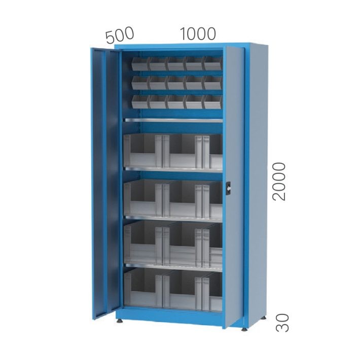6370 – 4 AD.SABİT RAFLI, 18 AD.PLASTİK AVADANLIK KUTULU, 12 AD.PLASTİK KASALI, KİLİTLİ KAPILI MALZEME DOLABI